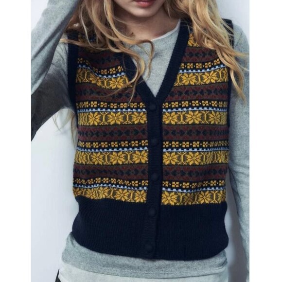 Zara Wool Knit Jacquard Vest - Picture 1 of 10